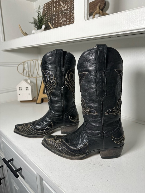 Rudel Shoes - Rudel Womens 6.5E Black Leather Cowboy Boots Wing Stitch Western Embroidered